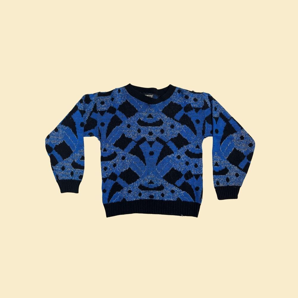 1970s geometric M sweater, vintage Tons O Fun blue/black pullover crewneck